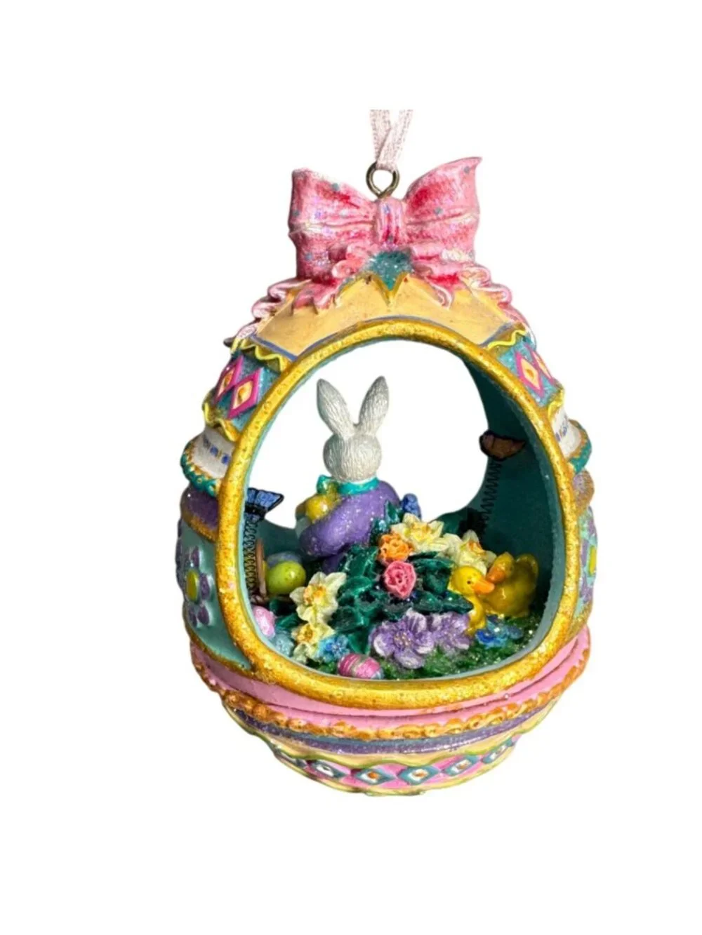 Glittered Easter Bunny Egg Diorama Ornament Pastel Spring Decor 4 - Picture 3 of 9